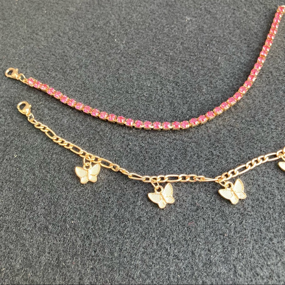 Gold Toned Butterfly & Pink Rhinestone Anklet Set - Picture 5 of 6